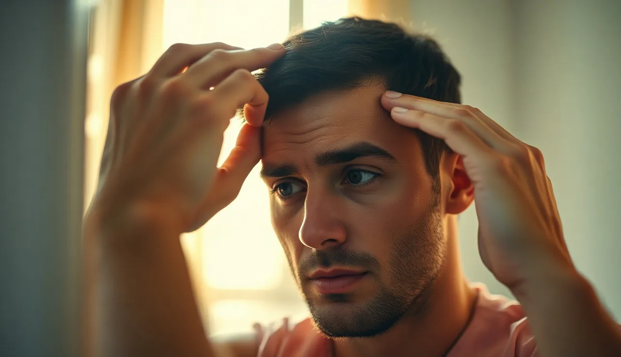 Man examining his receding hairline in a bathroom mirror in morning light