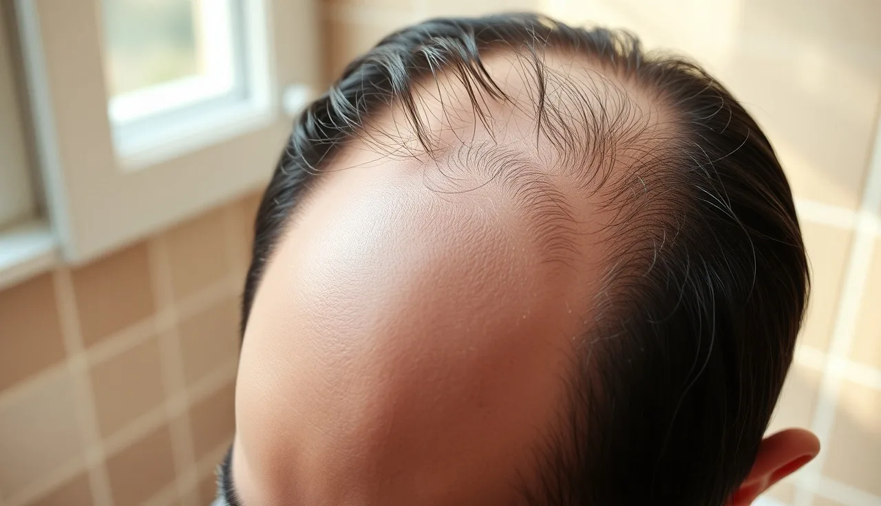 Close-up of a smooth oval bald patch on a person's scalp showing alopecia areata