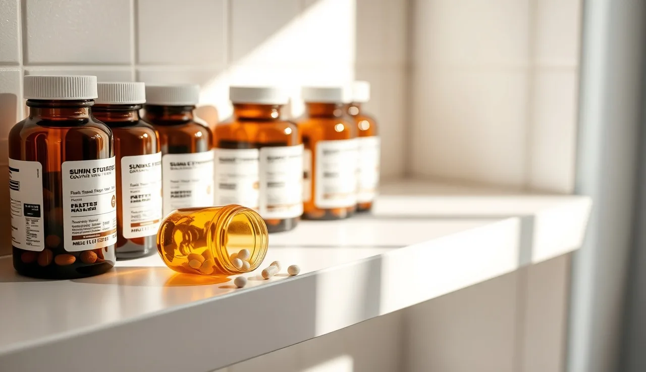 Open supplement bottle with tablets spilling on a sunlit bathroom shelf