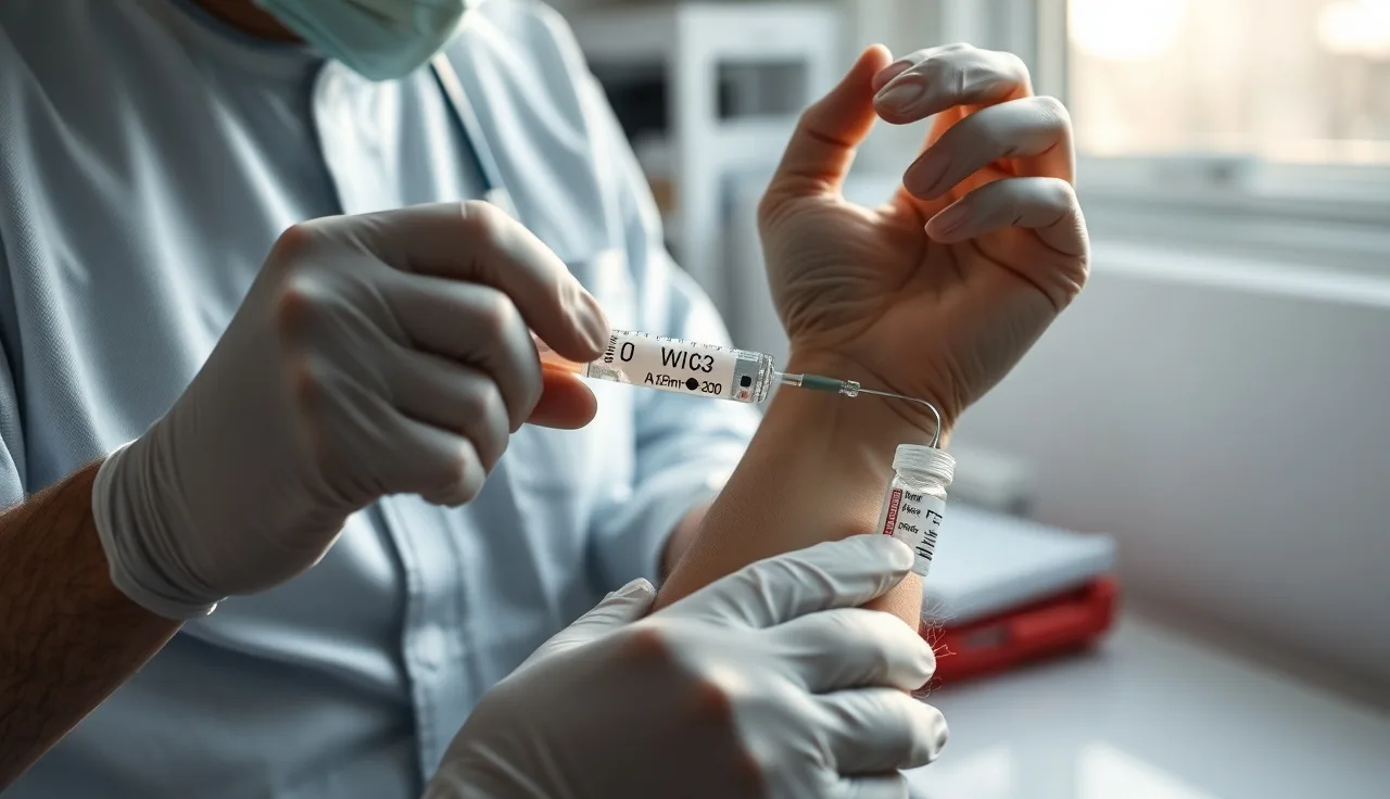 Blood draw from a man's arm in a clinic for DHT hormone testing