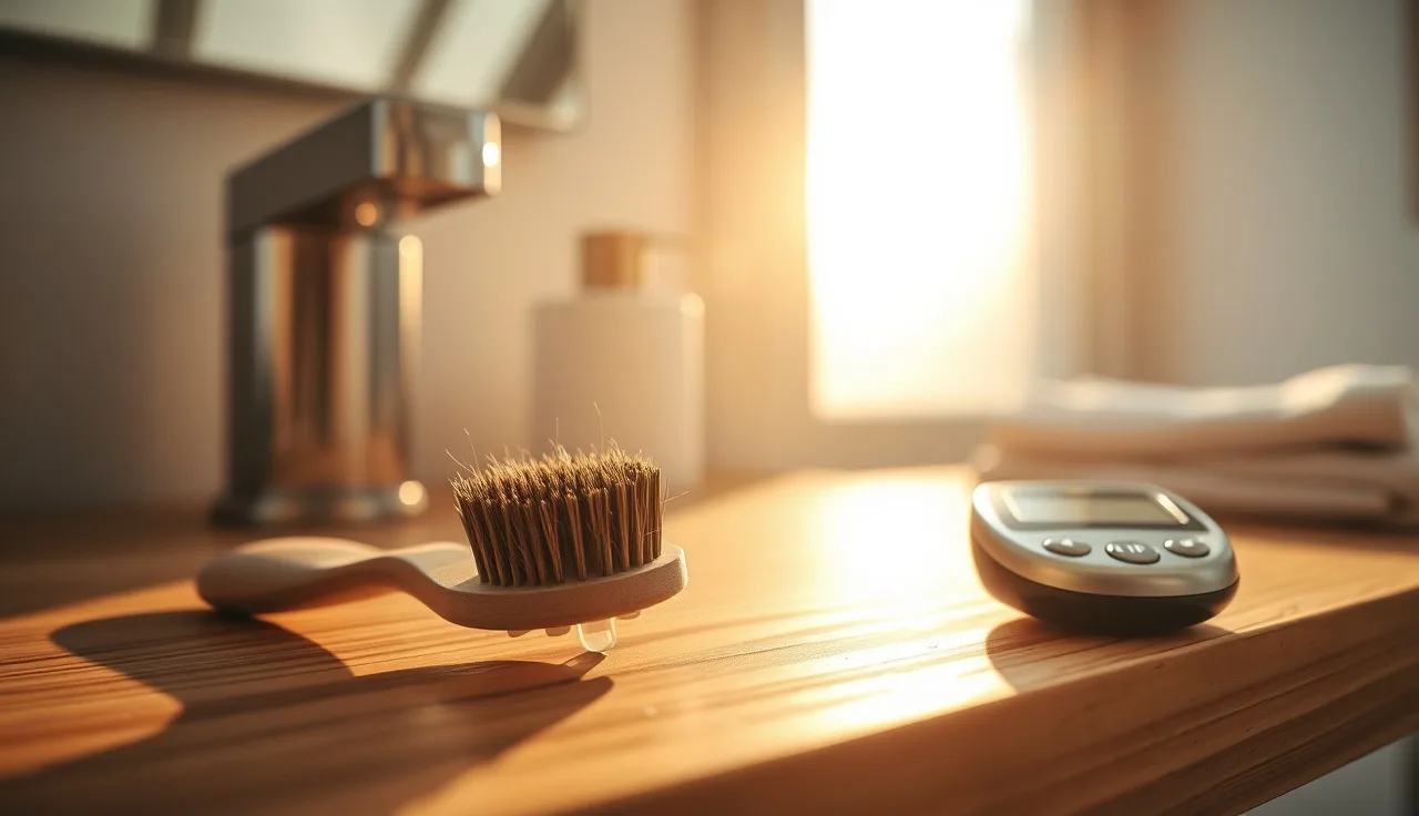 Hairbrush with shed hairs next to a glucose meter on a bathroom counter