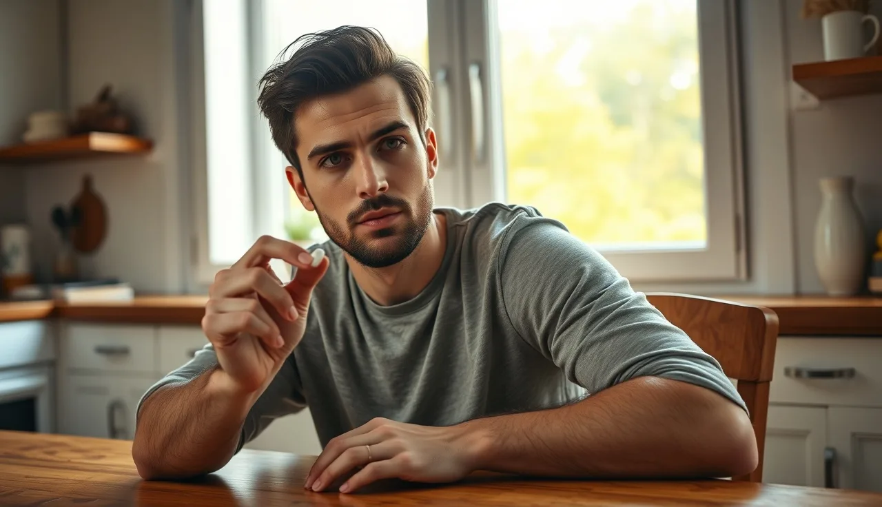 Man examining a finasteride pill at a kitchen table in morning light