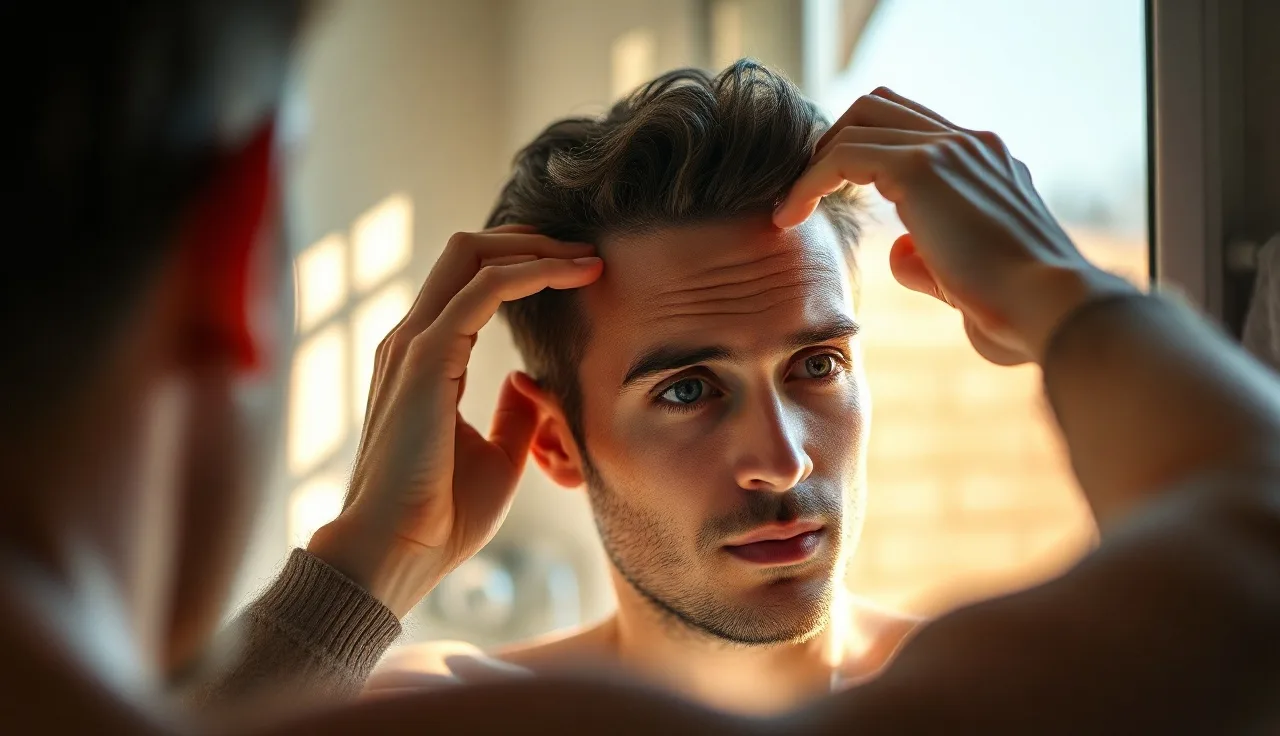 Man examining receding hairline in bathroom mirror under warm morning light