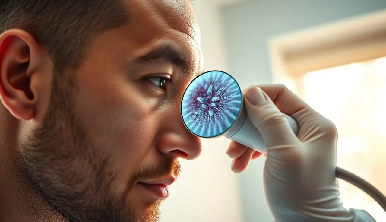 Dermatologist examining man's scalp with dermoscope to assess hair follicle health