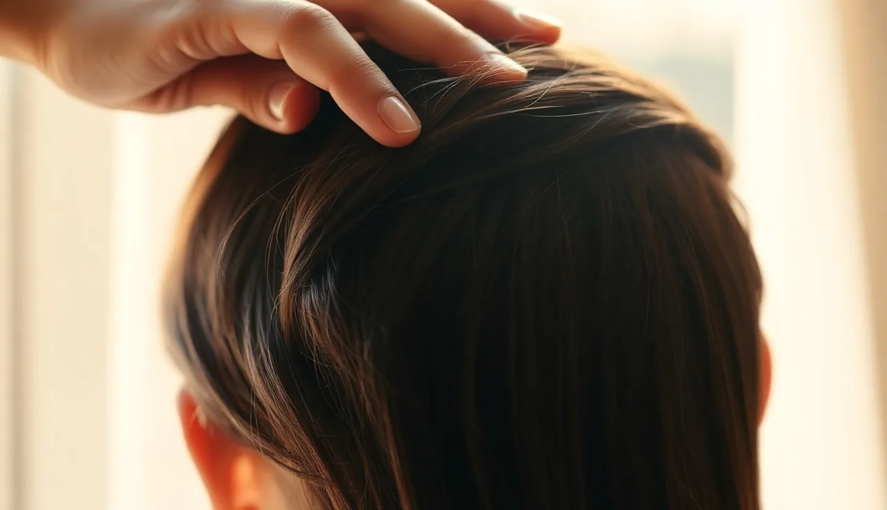 Person parting hair at the crown to examine hair loss on scalp