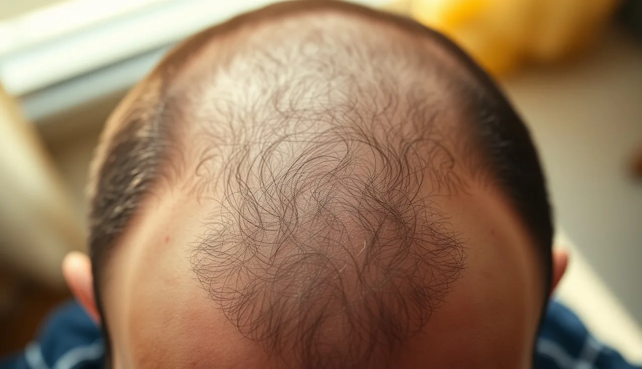 Man's thinning scalp with visible inflammation between hair follicles in morning light