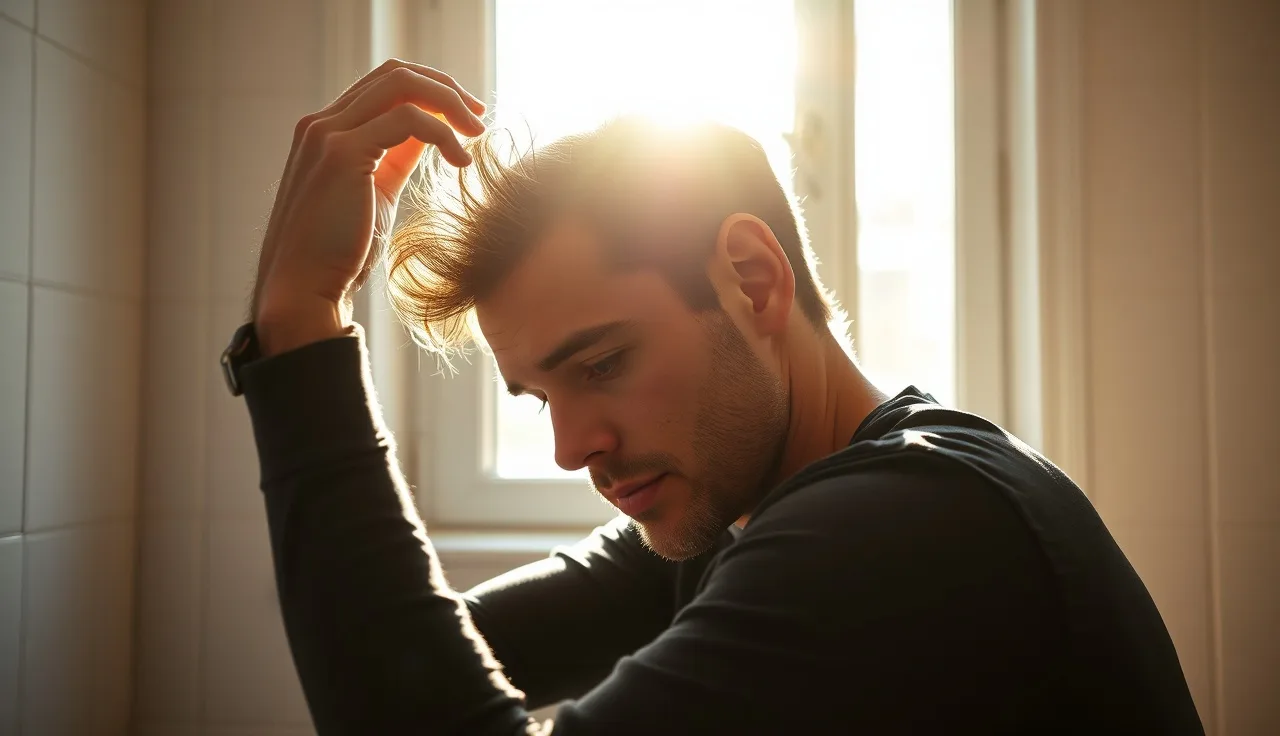 Man examining thinning hair near a sunlit bathroom window in the morning