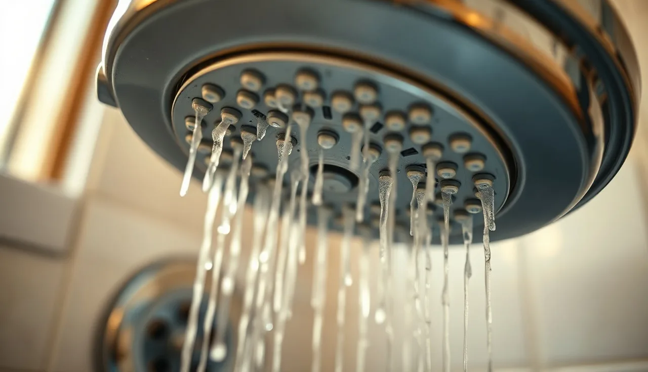 Mineral-encrusted showerhead above a drain with loose hair strands, illustrating hard water hair loss concern