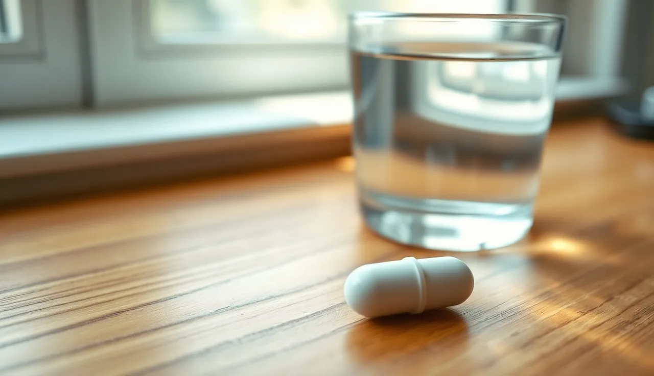 A single white pill beside a glass of water on a wooden surface