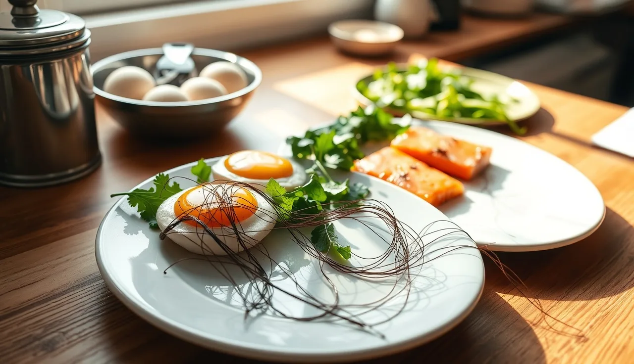 Keto meal prep spread with visible hair strands suggesting diet-related hair loss