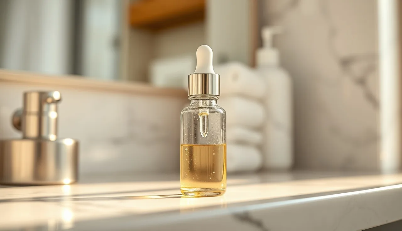 Glass dropper bottle on marble shelf, representing topical melatonin for hair loss