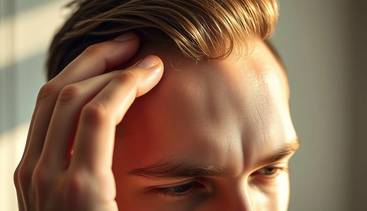 Man examining his receding hairline in bathroom mirror morning light