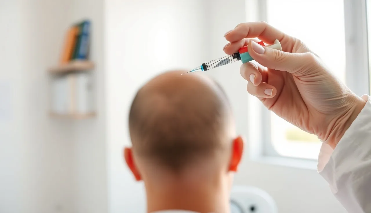 Dermatologist preparing PRP injection into a patient's scalp in a clinical setting