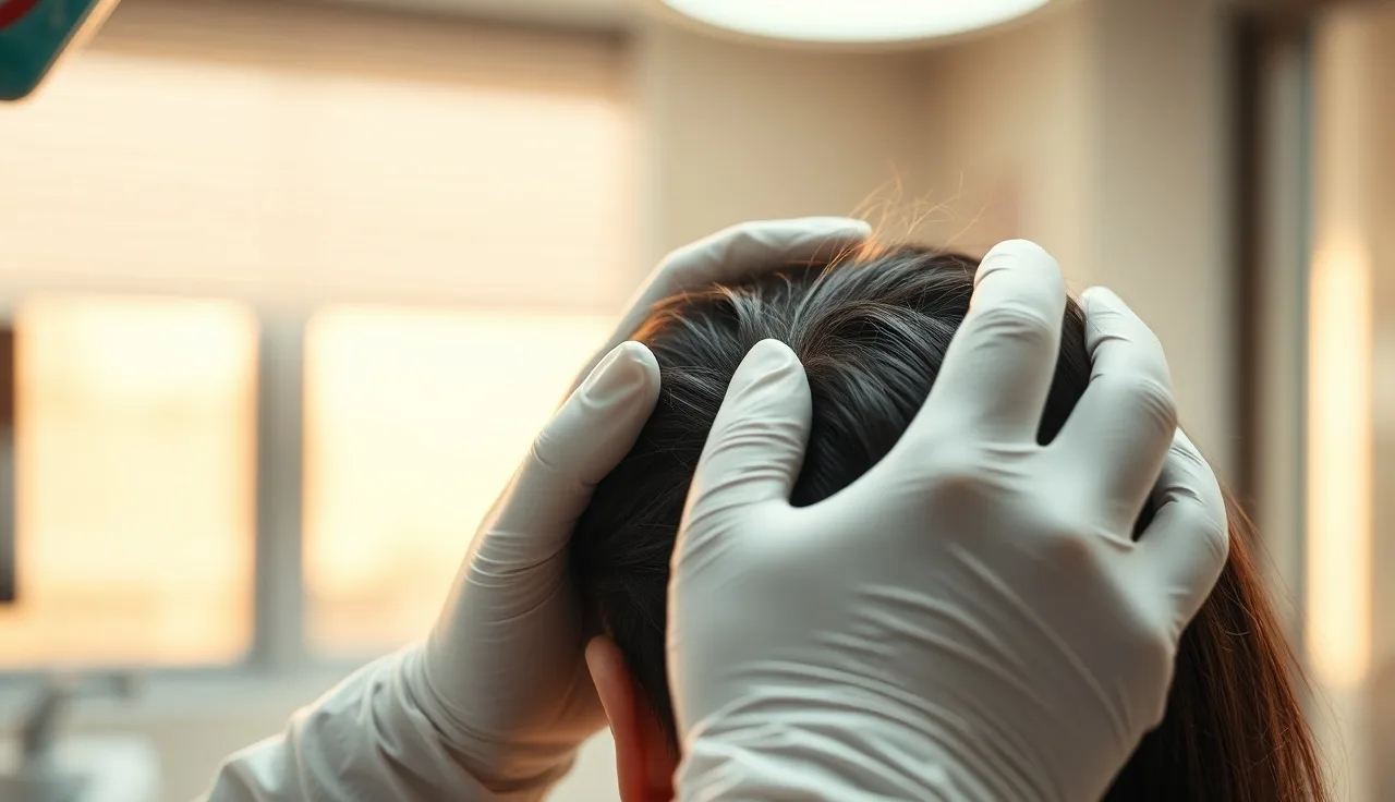 Dermatologist examining a patient's scalp for psoriasis and hair loss