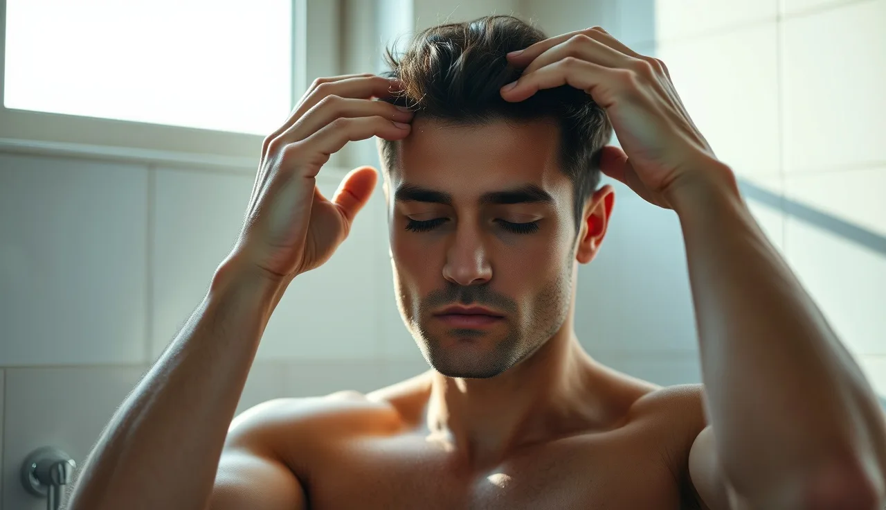 Man performing circular fingertip scalp massage in a sunlit bathroom