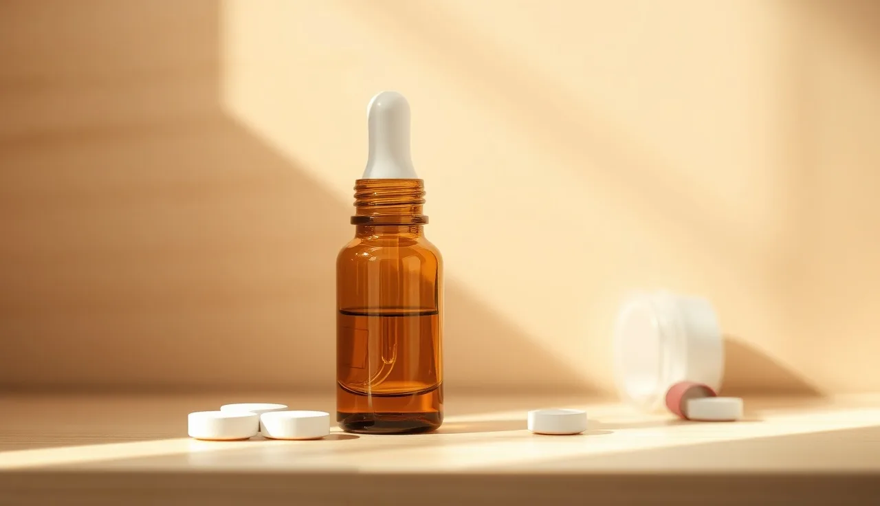 Topical finasteride dropper bottle beside oral finasteride pill on bathroom shelf