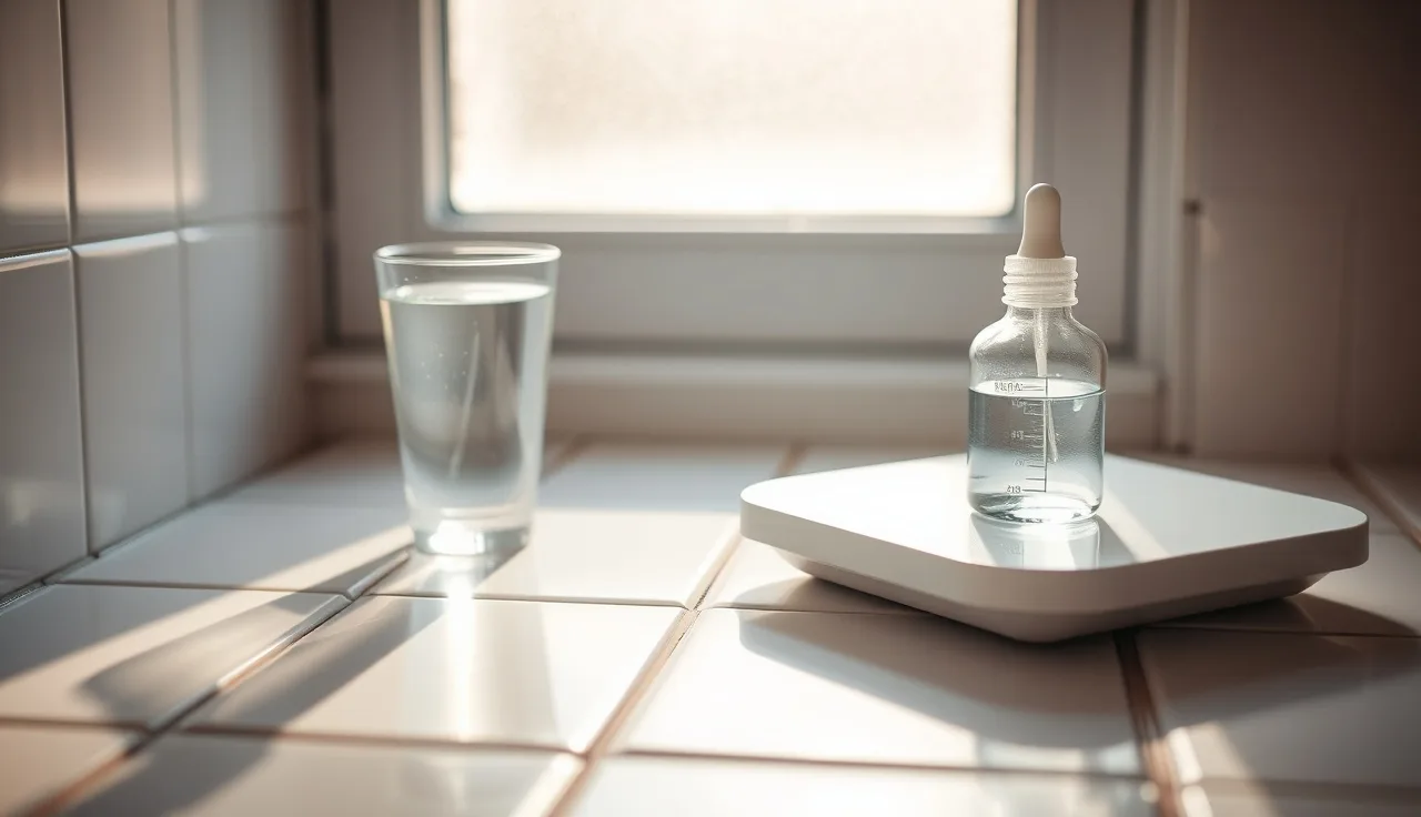 Bathroom scale on white tile beside a dropper bottle suggesting minoxidil fluid retention concern