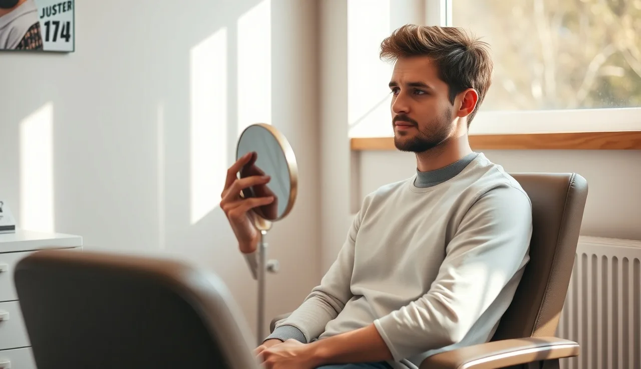 Young man examining his hairline in a mirror during a hair loss consultation