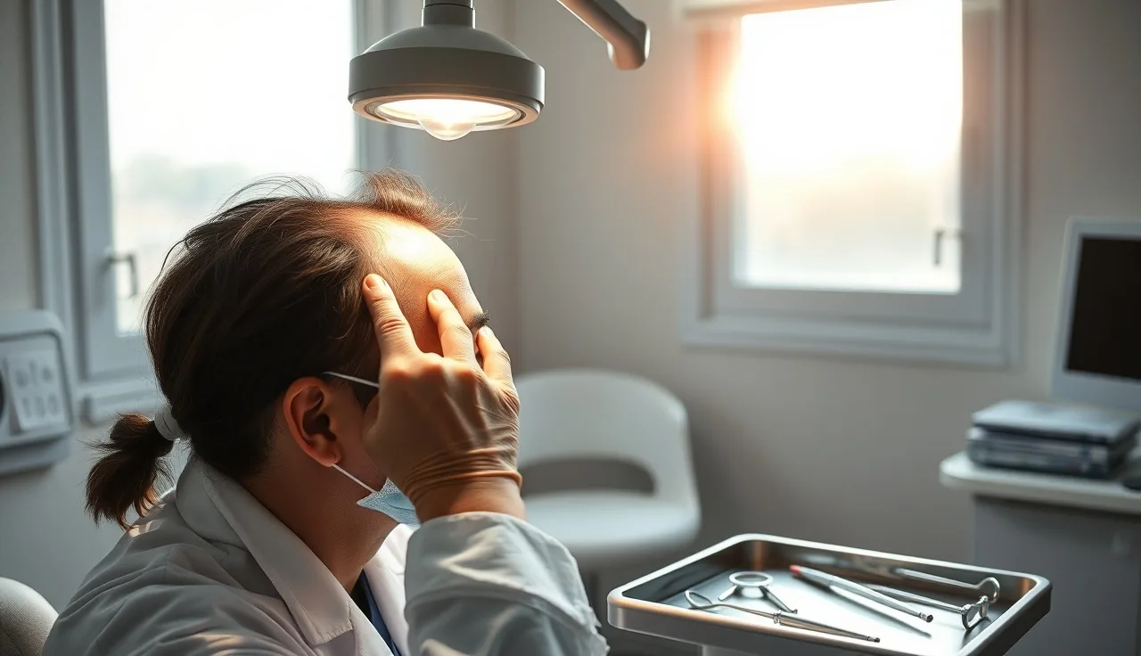 Dermatologist examining scalp patches related to alopecia areata in a clinic