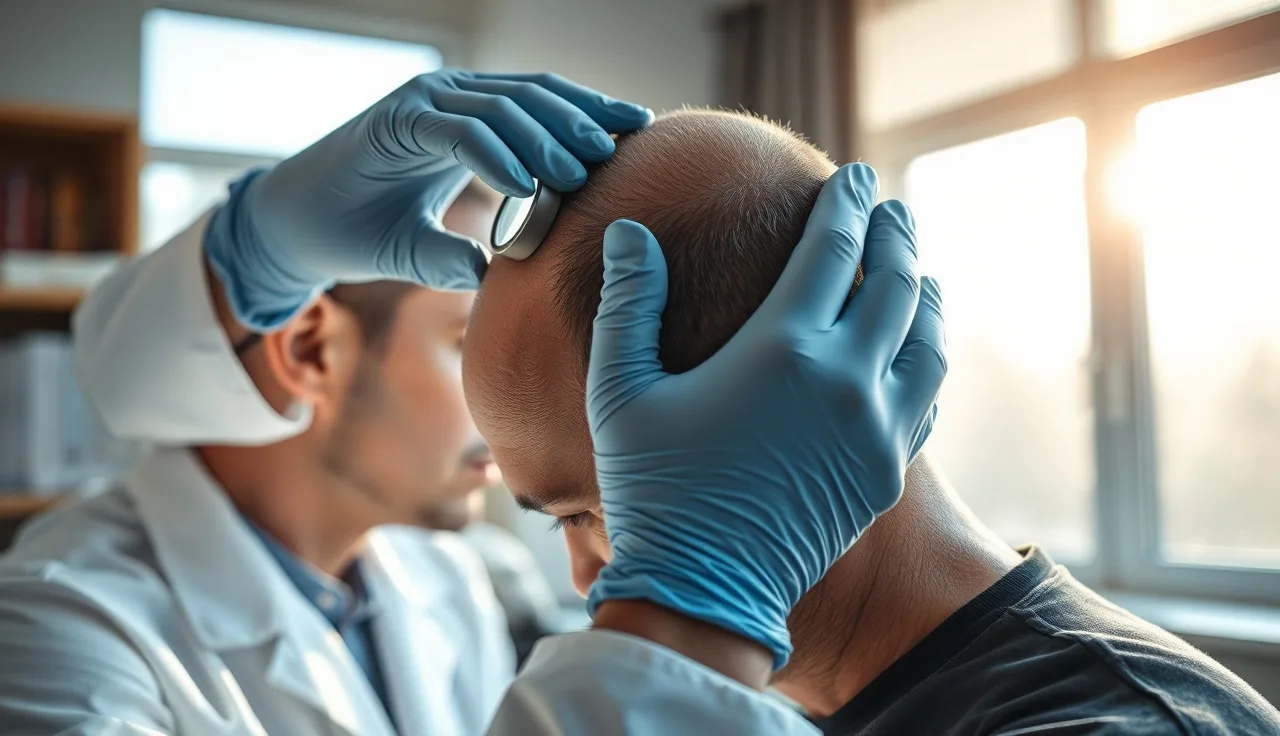 Dermatologist examining a man's scalp before a second hair transplant consultation
