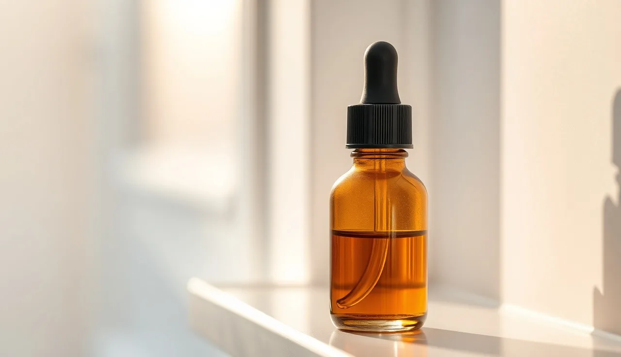 Amber dropper bottle on bathroom shelf suggesting minoxidil hair loss treatment