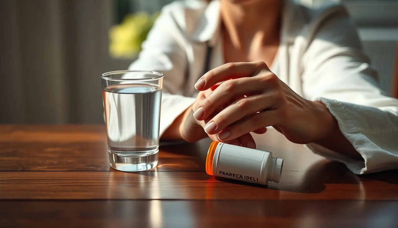 Woman's hands near a prescription bottle on a table, soft morning light