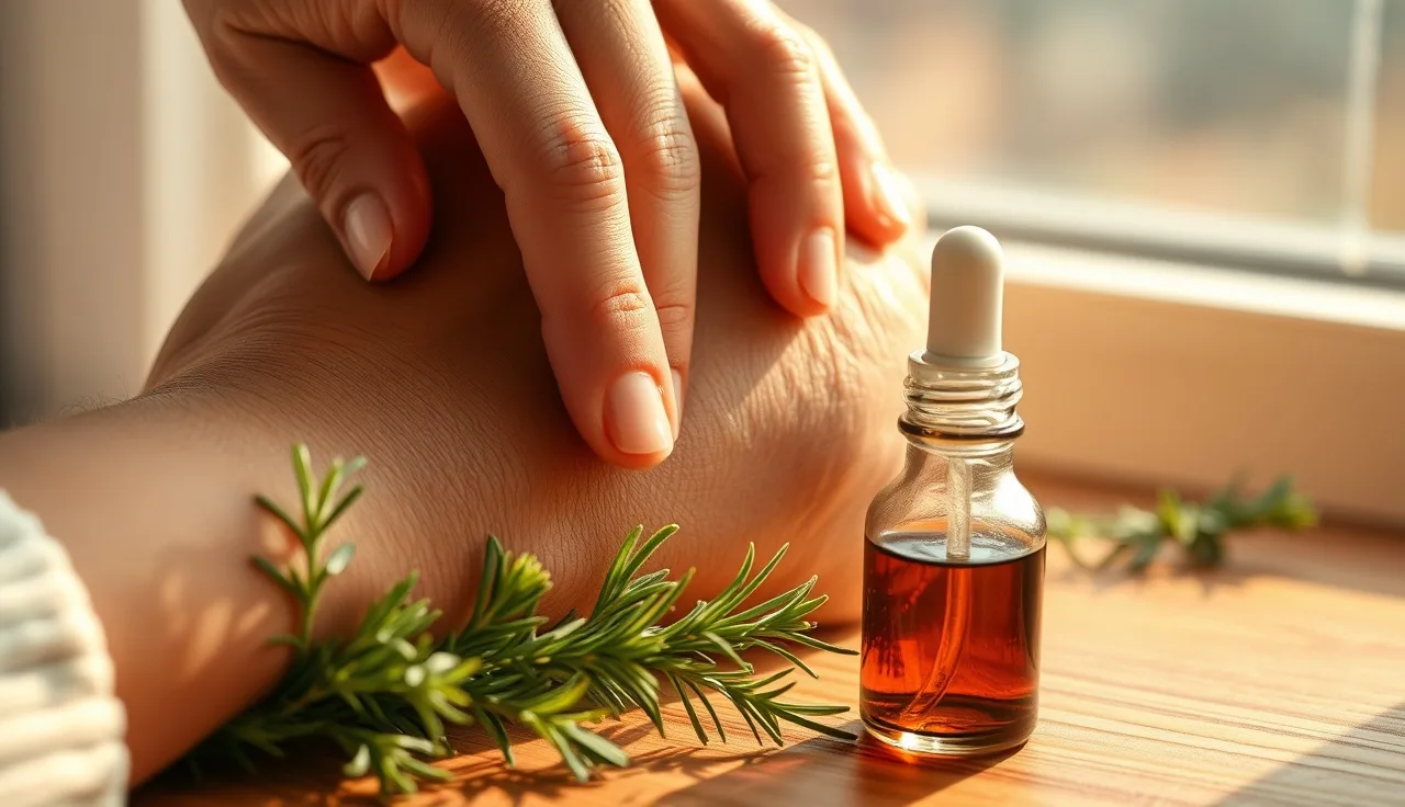 Hands performing scalp massage near rosemary oil for natural hair regrowth