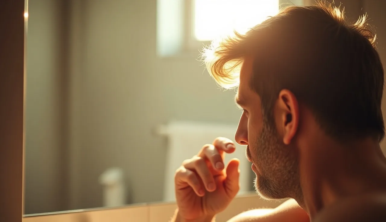 Man examining thinning hair crown in bathroom mirror under warm light