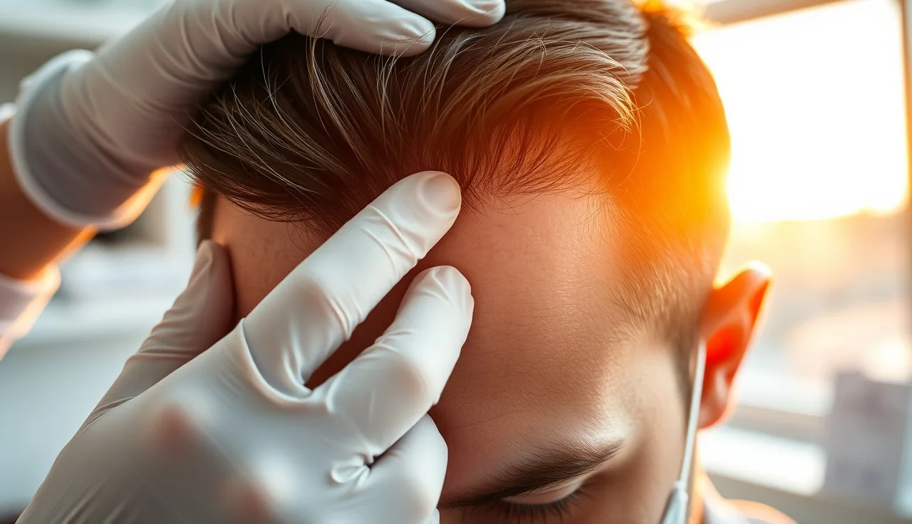 Dermatologist examining a man's scalp after hair transplant surgery