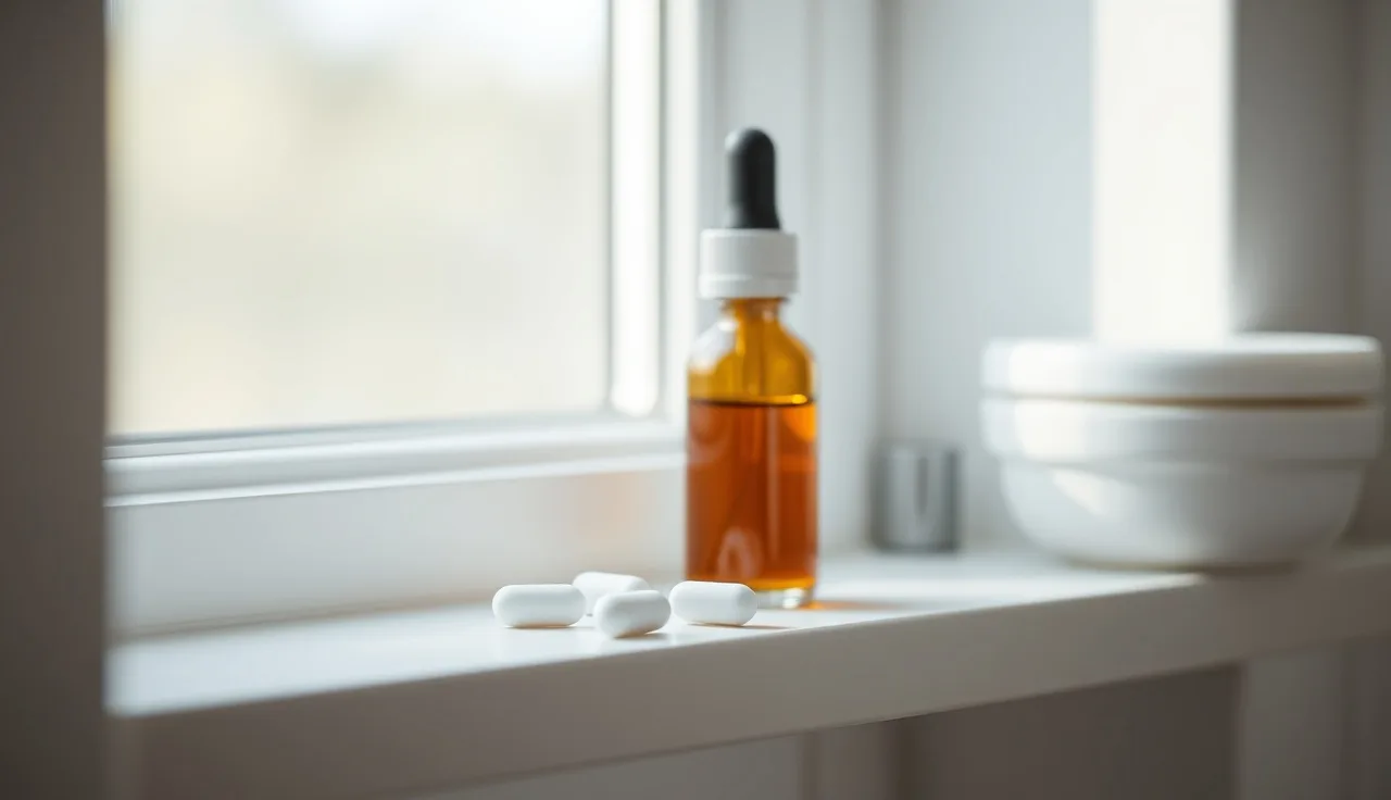 Two hair loss treatment tablets and a minoxidil dropper bottle on a bathroom shelf