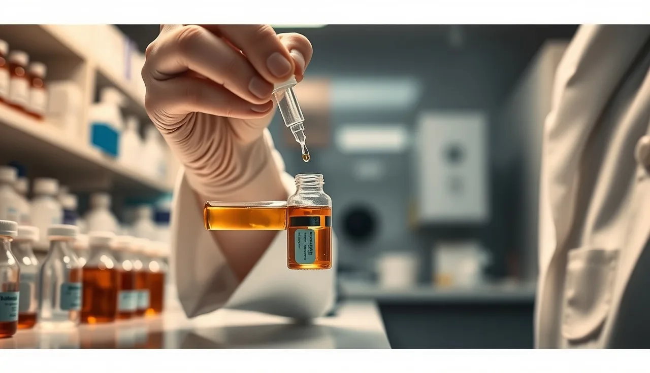 Pharmacist measuring topical finasteride solution in a compounding pharmacy lab