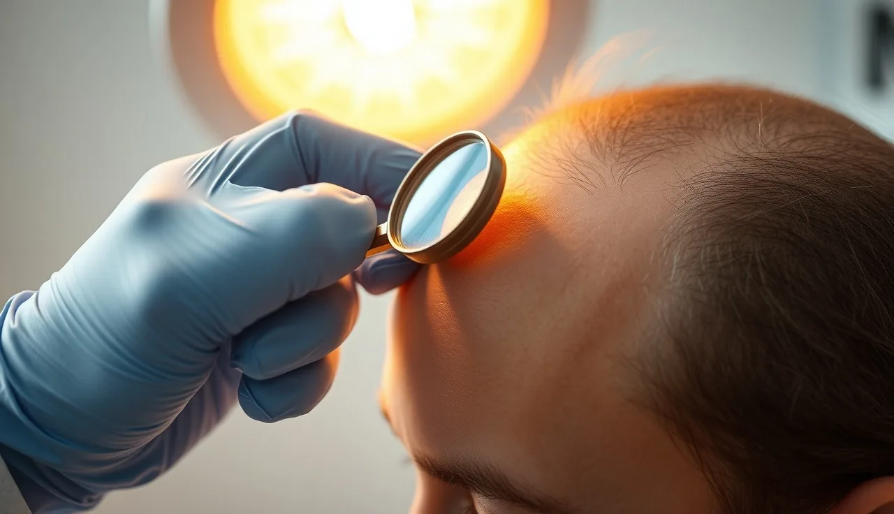 Dermatologist examining scalp skin after laser hair removal treatment session