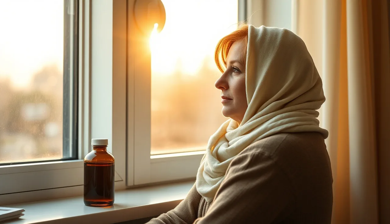 Woman in head scarf sitting by hospital window with minoxidil bottle nearby