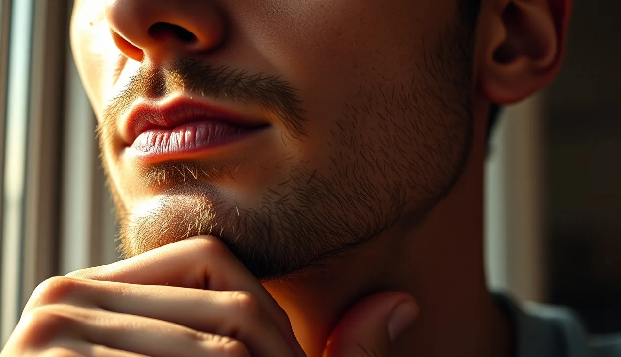 Man examining sparse beard stubble in morning light near window