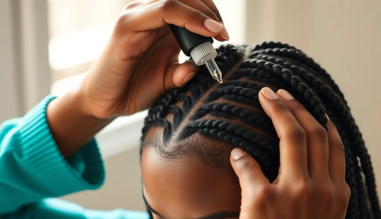 Woman applying minoxidil with a dropper through box braid parts to her scalp