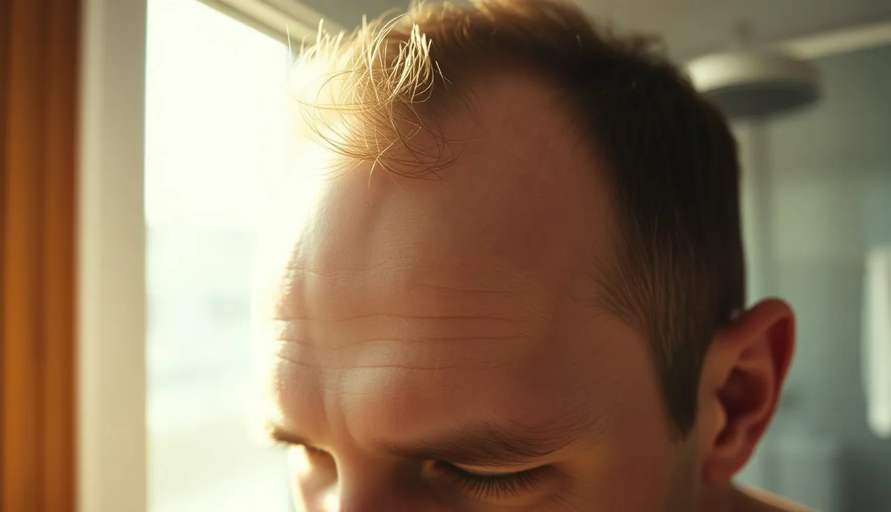 Man's receding temple hairline photographed in natural window light