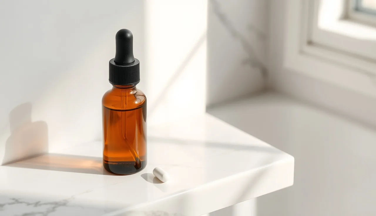 Topical finasteride dropper bottle and oral minoxidil pill on a marble shelf