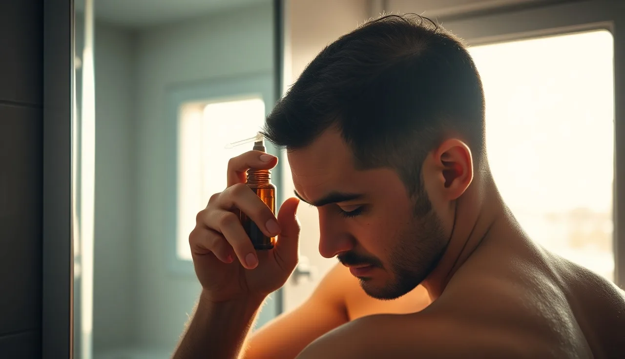 Man applying topical minoxidil drops to a dry parted scalp in a bathroom mirror
