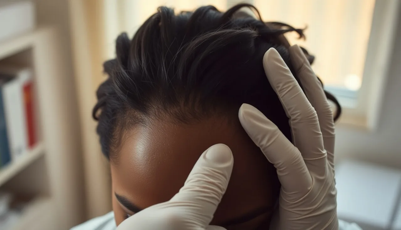 Dermatologist parting Black woman's hair to examine crown scalp for CCCA