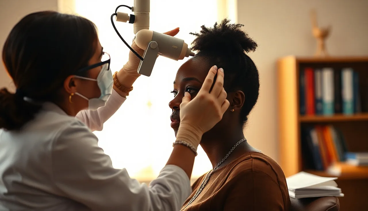 Dermatologist examining a Black woman's crown scalp for CCCA hair loss