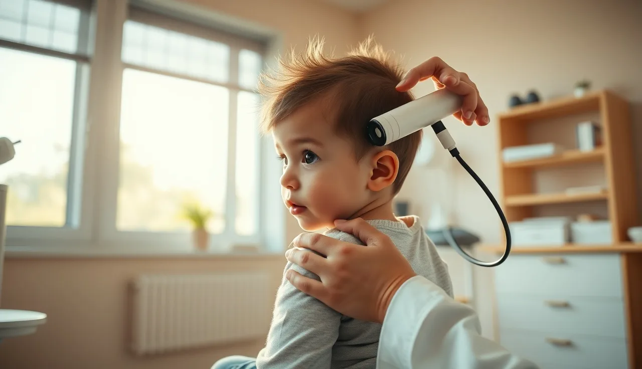Pediatric dermatologist examining a child's scalp for alopecia areata patches