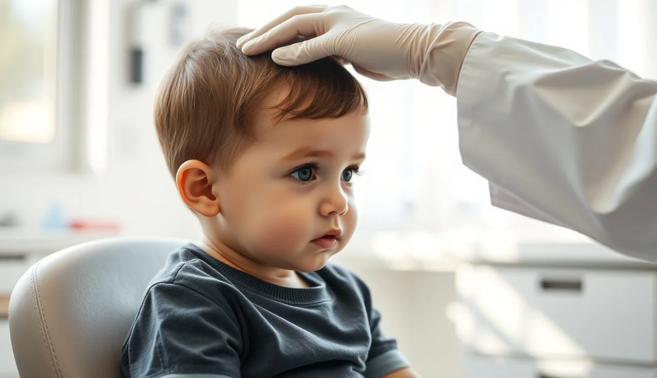 Doctor examining a child's scalp for hair loss in a pediatric clinic
