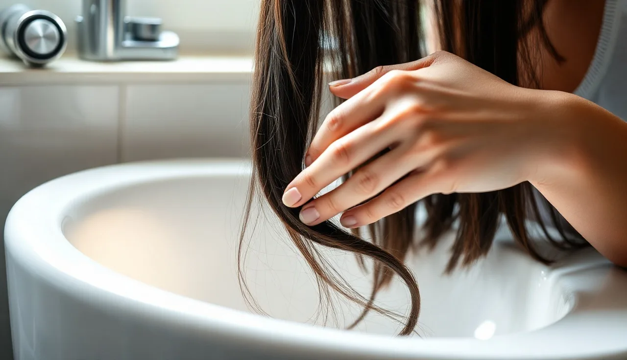 Woman combing hair over sink with visible shed strands, chronic hair loss