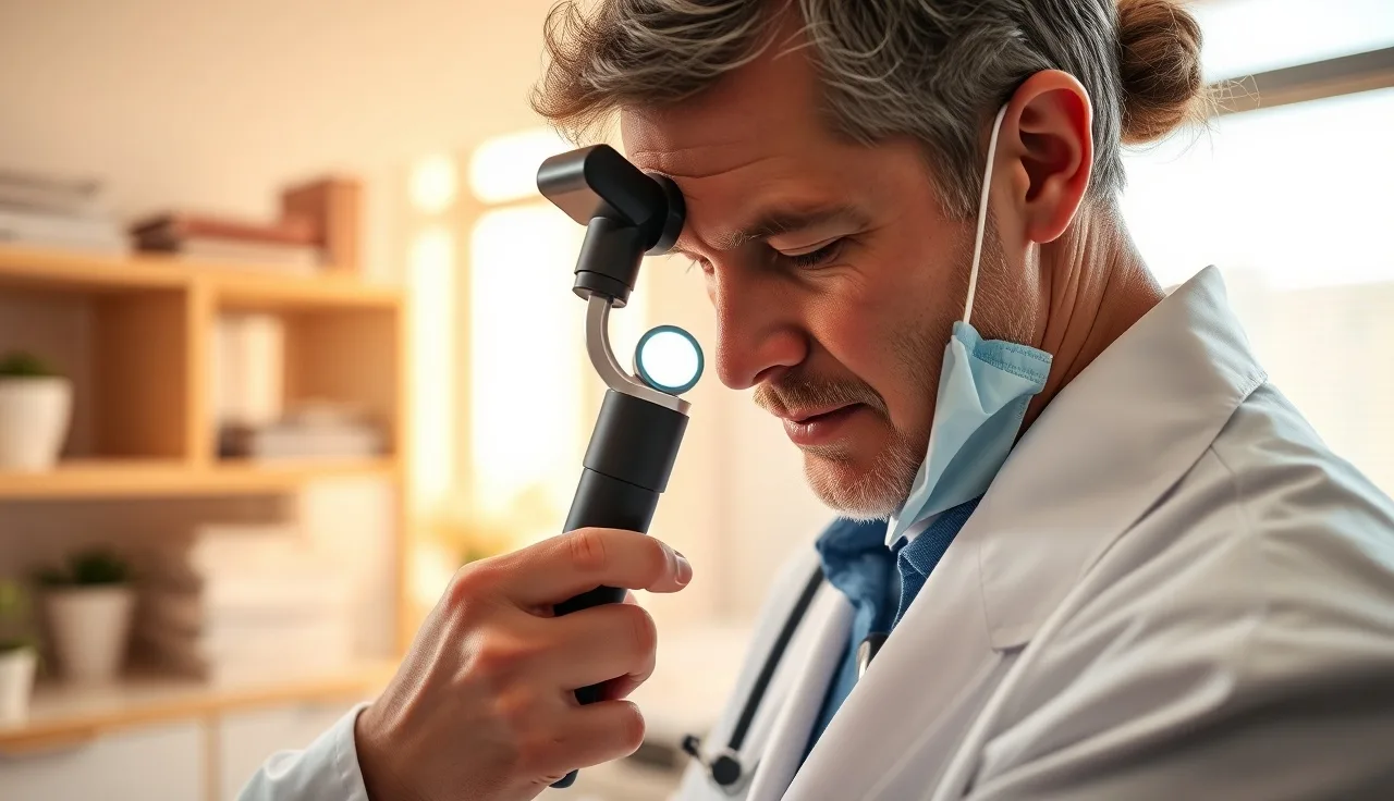 Dermatologist using a dermoscope to examine scarring alopecia on a patient's scalp