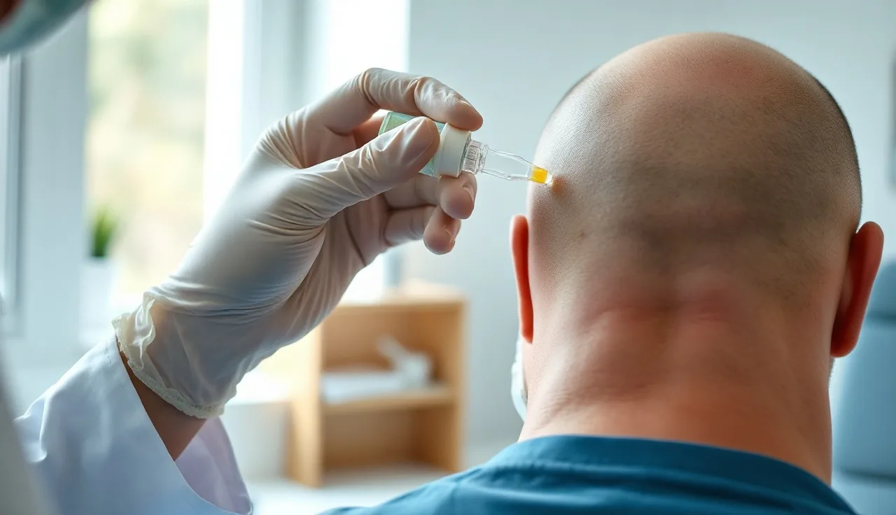 Dermatologist applying topical clascoterone solution to patient scalp for hair loss