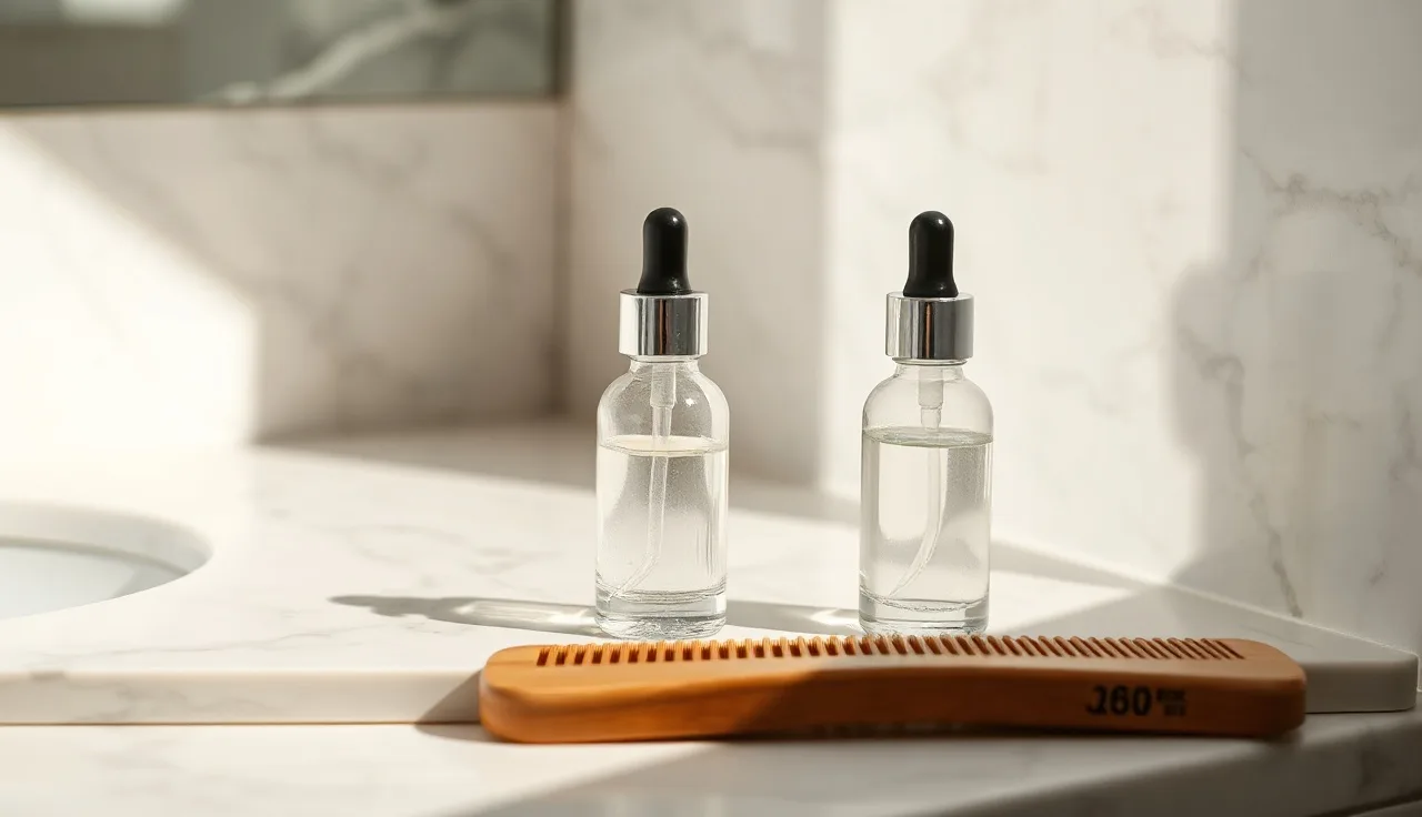 Two topical hair loss treatment bottles on a marble shelf, morning light