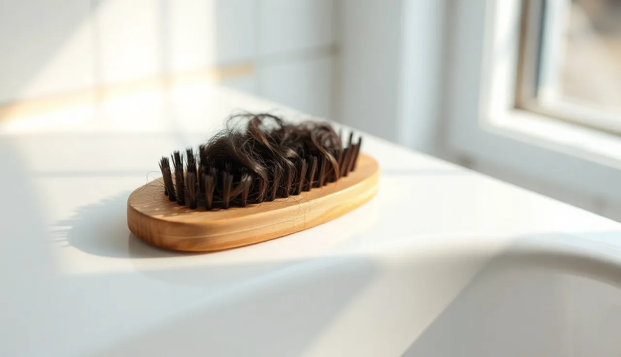 Wooden hairbrush with shed hair on a bathroom countertop, representing stress hair loss