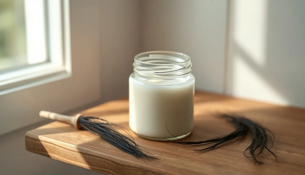 Open jar of coconut oil on a wooden bathroom shelf with loose hair strands nearby