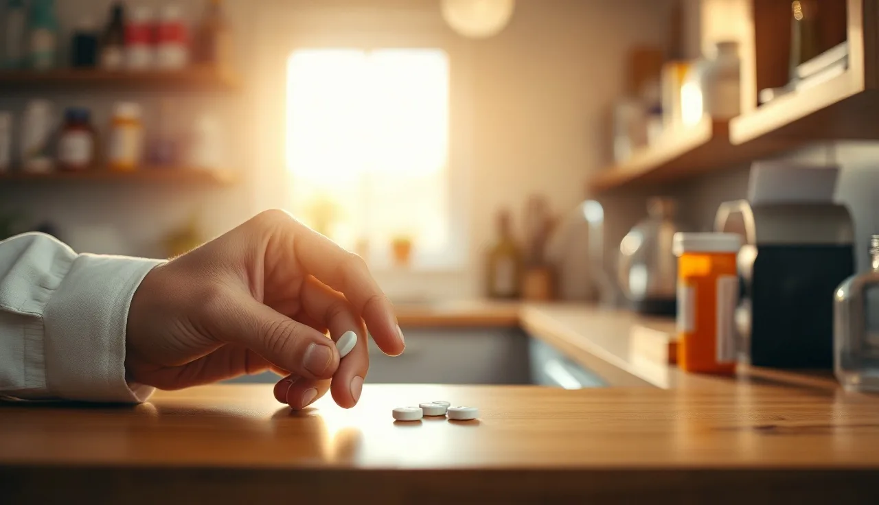 Man handling a finasteride tablet from a prescription bottle on a kitchen counter