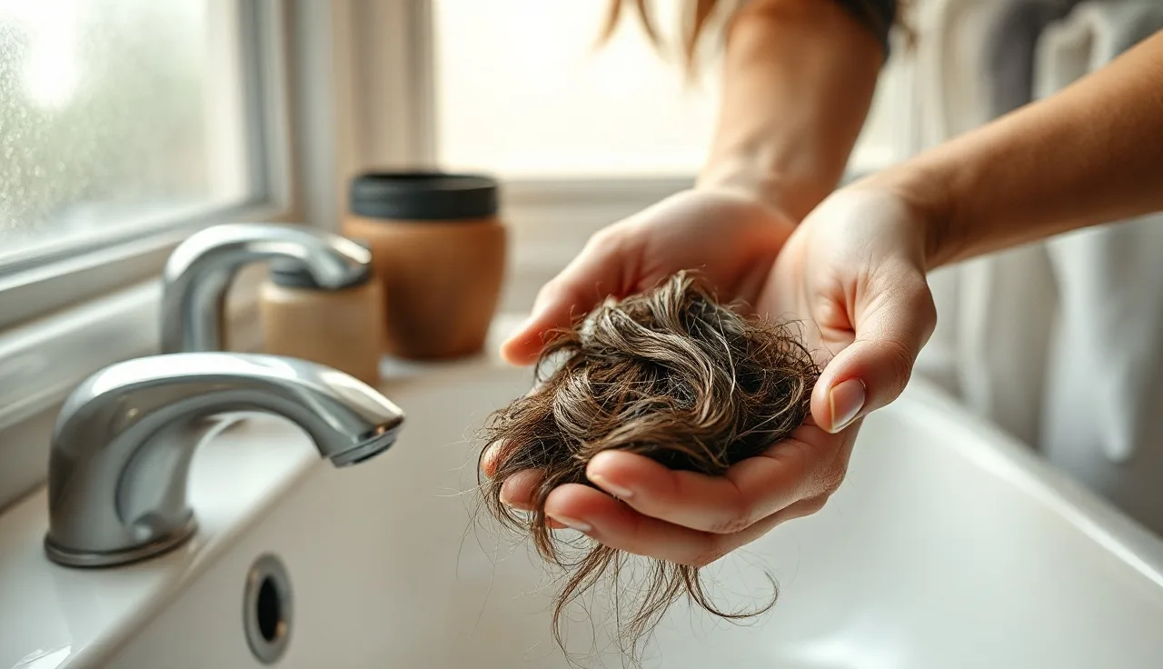 Woman holding shed hair over a white bathroom sink showing hair loss